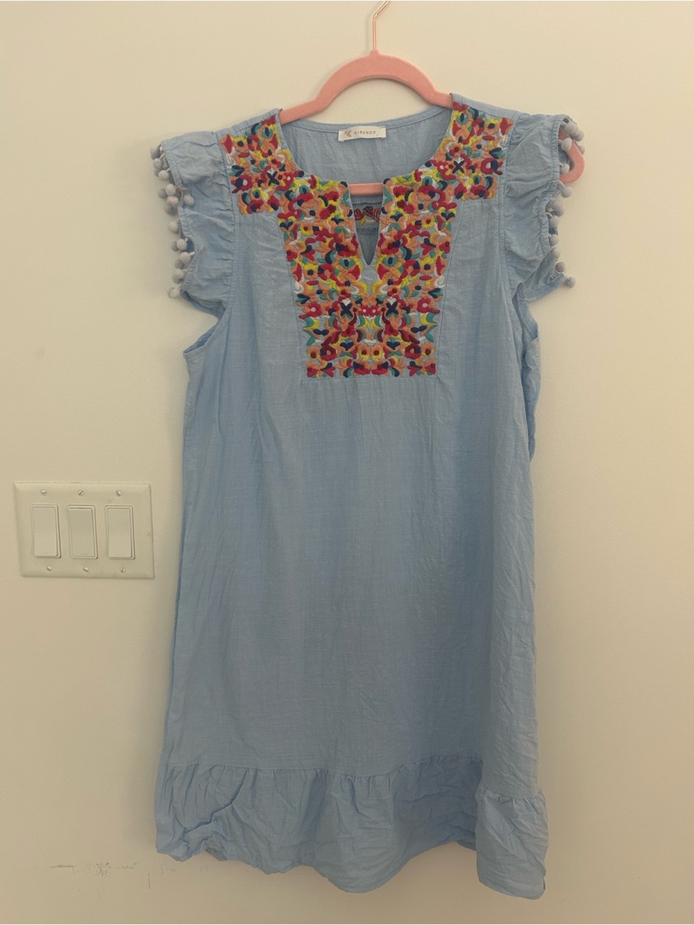Kirundo Women’s Large Blue Embroidered Boho Shift Dress Pom Pom Sleev